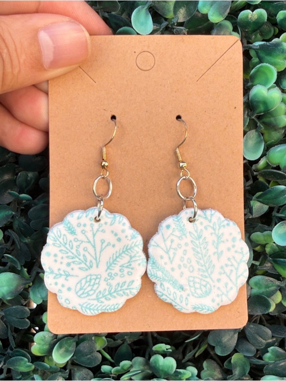 Handmade White & Light Teal Polymer Clay Floral Drop Earrings
